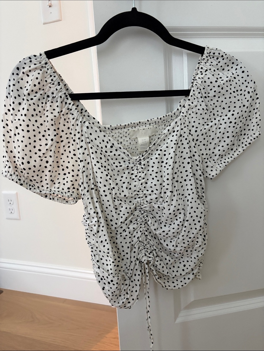 H&M White Top with Black Polka Dots and Ruched Front